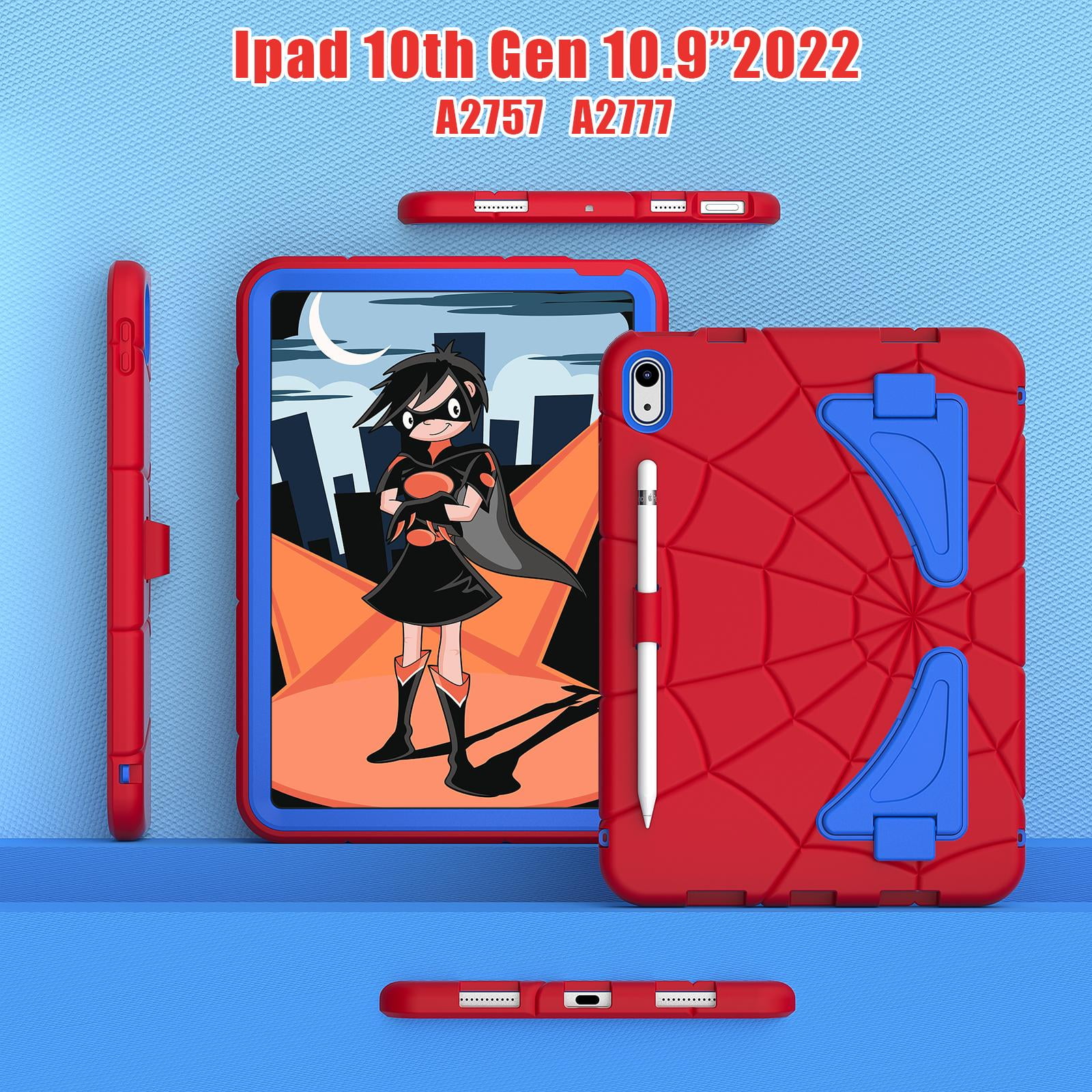for 2022 10.9 inch iPad 10 th Generation Case with Pencil Holder & Stand, Handle Design Heavy Duty Shockproof Rugged 10.9" 10 Gen Cover for Kids Boy Children, Red+Blue