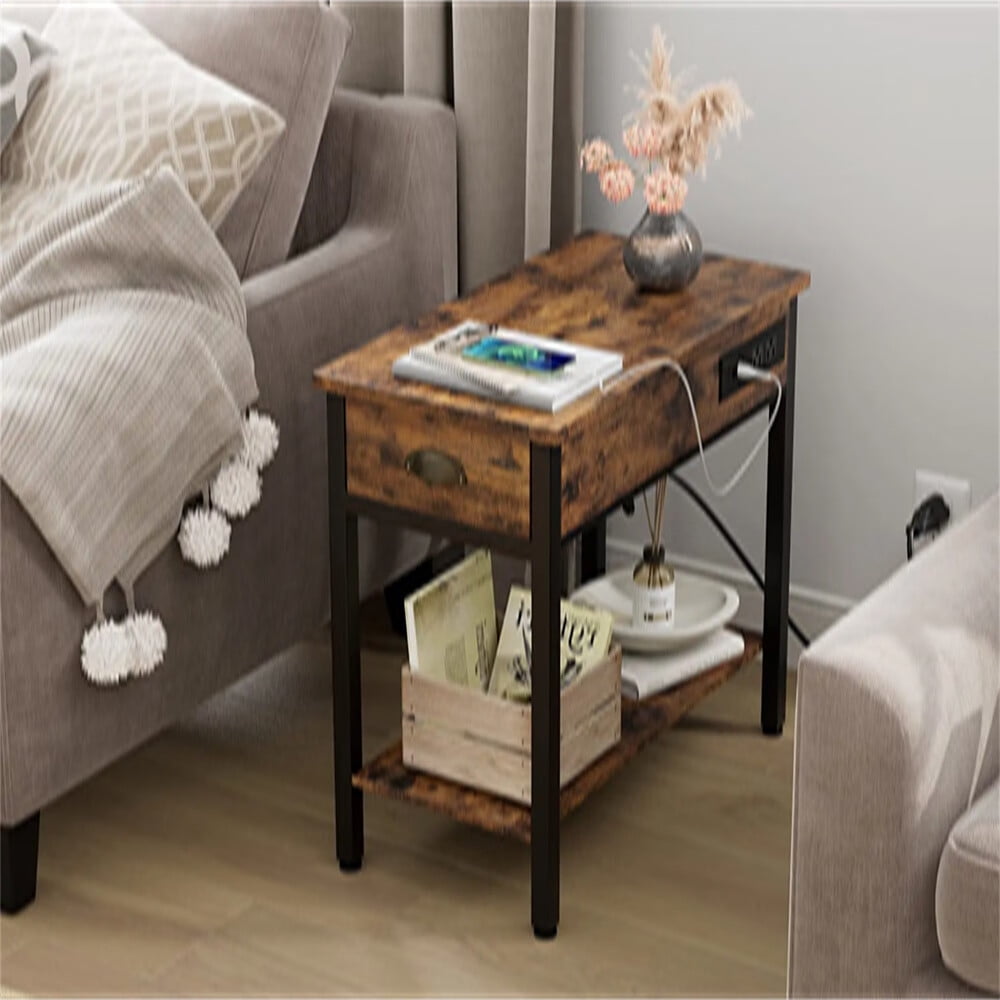 End Table with Charging Station, Wood Side Table Nightstand with Drawer