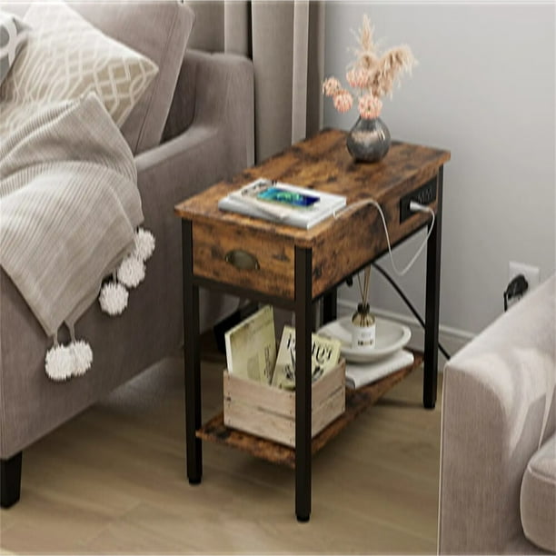 Rectangle End Table with Charging Station, Wood Side Table Nightstand