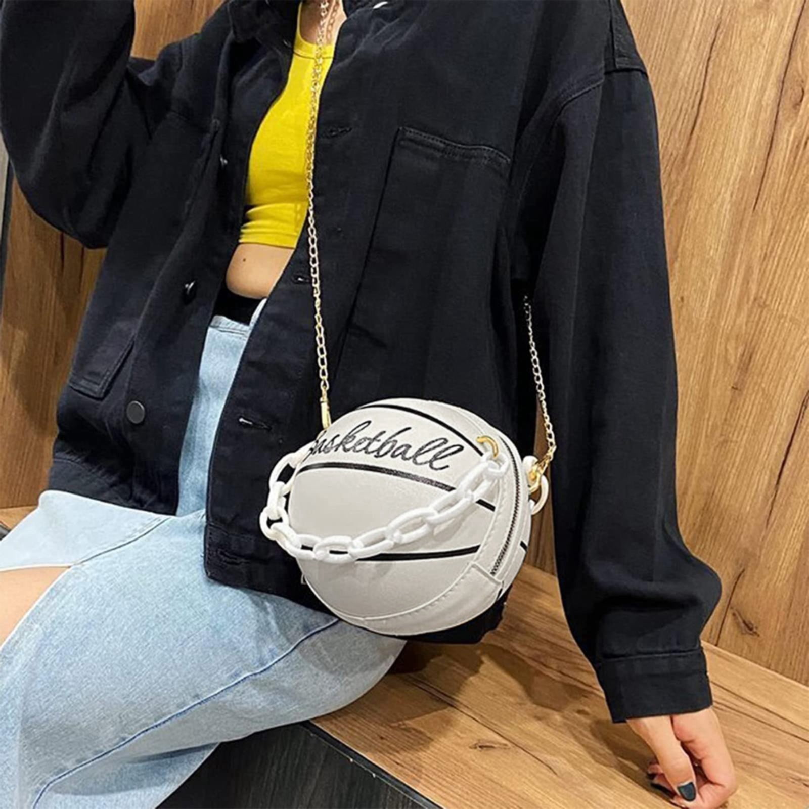 Faraee Basketball Shaped Cross Body Bag Leather Round Handbag Messenger Shoulder Purse with Chain Strap