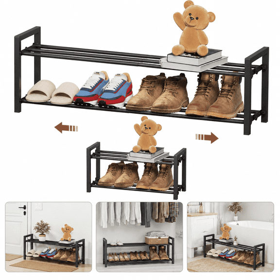 2-Tier Expandable Shoe Rack, Adjustable Extendable Small Shoe Shelf, Heavy Duty Metal Free Standing Shoe Storage Organizer for Entryway, Closet and Doorway, Black