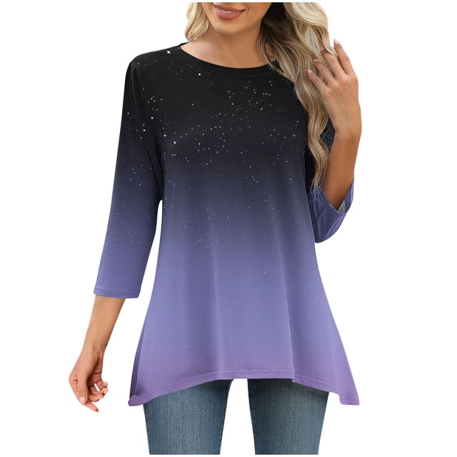 UNITWRY Hauts à Manches 3/4 pour Femmes Blouses Habillées Tunique Col Rond Chemise Décontractée Imprimée Chandail