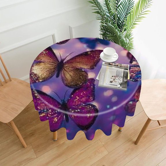 RKSupls 60 Inch Round Tablecloth, Glitter Butterflies Purple Premium Polyester Straight Edge Wrinkle Resistant Washable Table Cover for Party Home Dining Decor