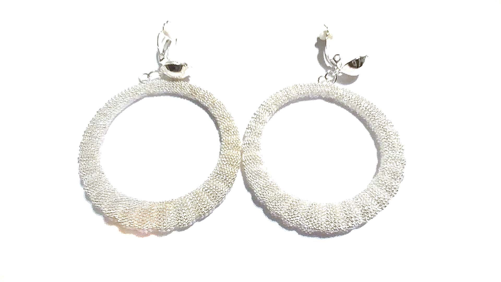 Clipon Earrings Round Circle Hoop Mesh Metal Silver Tone 2.75 inch