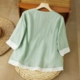 thumbnail image 4 of XUNKUSGA Womens Tops Loose 3/4 Sleeve Cotton Linen Shirts for Women Summer Retro Embroidered Boho Tops Fashion Chinese Frog Button V-Neck Women's Blouses M-3XL,Green, 4 of 5