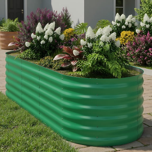 Raised Garden Bed Kit, 8" L x 2" W x 1.5" H Heavy-Duty Galvanized Raised Garden Bed, Oval Metal Planter Box for Vegetables, Flowers, Tool-Complimentary Assembly, Green
