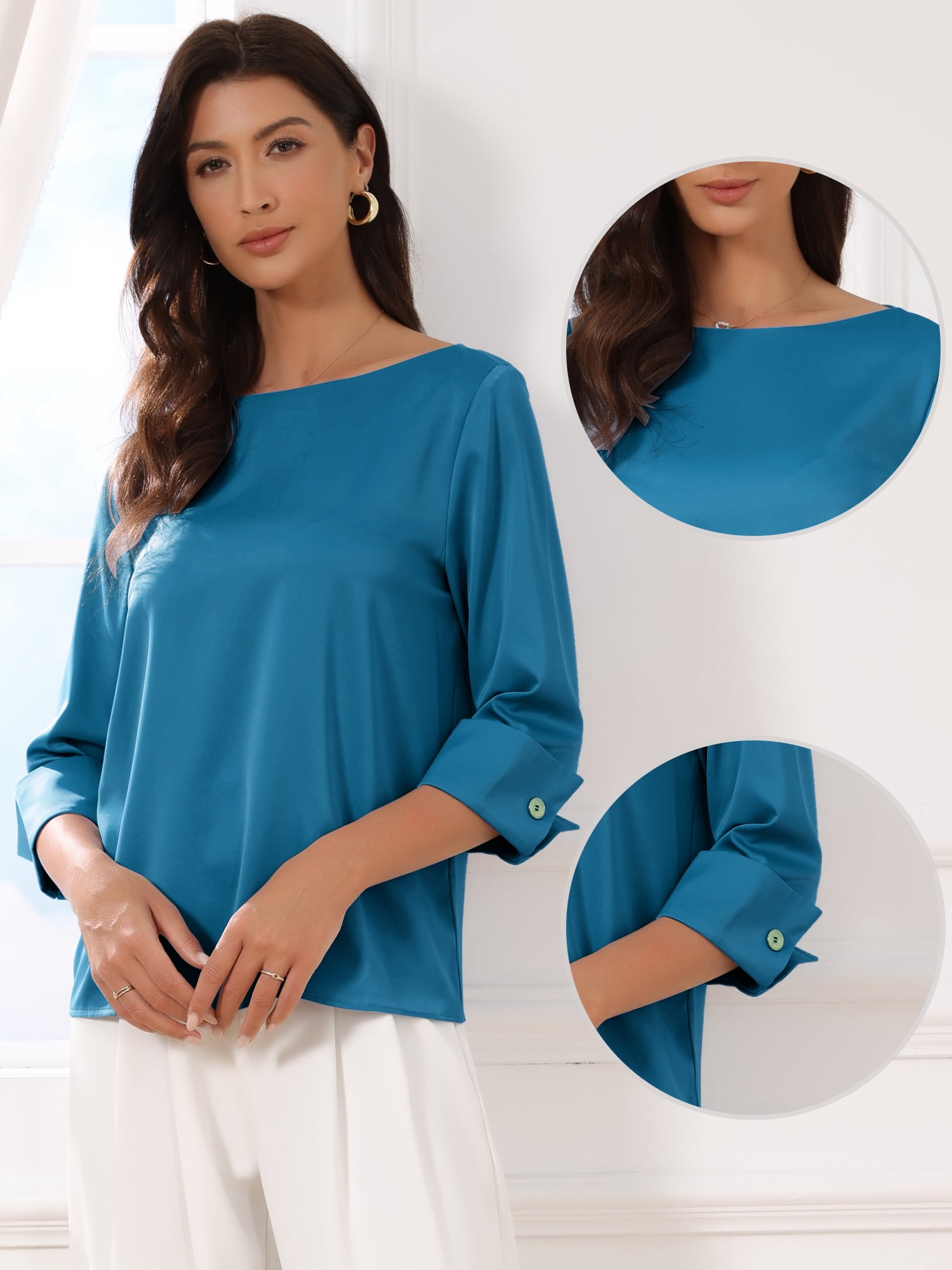 DARING DIVA Women's Satin Boat Neck 3/4 Sleeve Business Shirt XL Peacock Blue