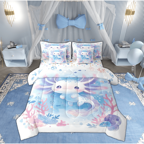 Manfei Cute Cartoon Axolotl Twin Bedding Sets 7-Piece for Teens, Blue Watercolor Bedding Comforter Set, Dreamy Marine Coral Reversible Sheet Sets, Super Cozy Room Decor