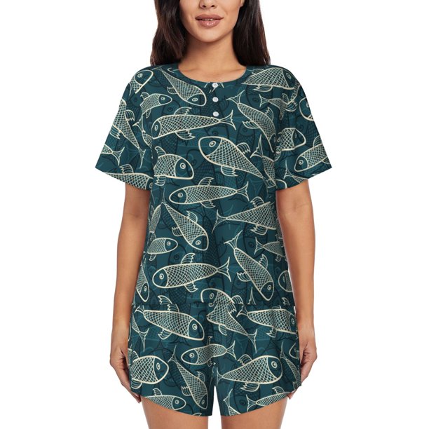 Fotbe Fish Style Conjunto de Pijama Estampado para Mujer, 2 Piezas, Ropa de Dormir con Camiseta de Manga Corta y Shorts Suaves-3X-Large