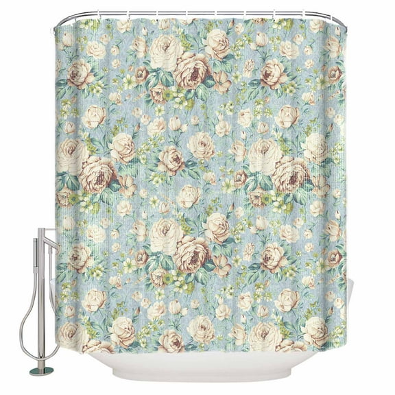 Fabric Shower Curtain, Vintage Flower Pink Camellia Floral Light Blue Shower Curtains with 12 Hooks Waterproof Machine Washable Bath Curtains for Bathroom,54 x 78in