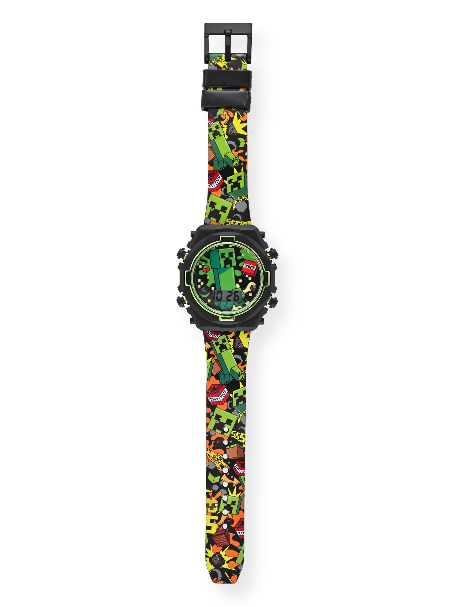 MIN4212WM Minecraft Kids Contrast Colored Case Flashing Lights LCD Watch with Printed Strap
