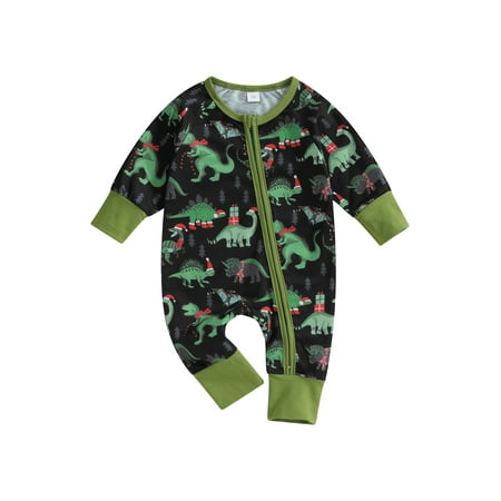 

Christmas Infant Baby Dinosaur Print Jumpsuit Infant Zip Front Long Sleeve Round Neck Romper