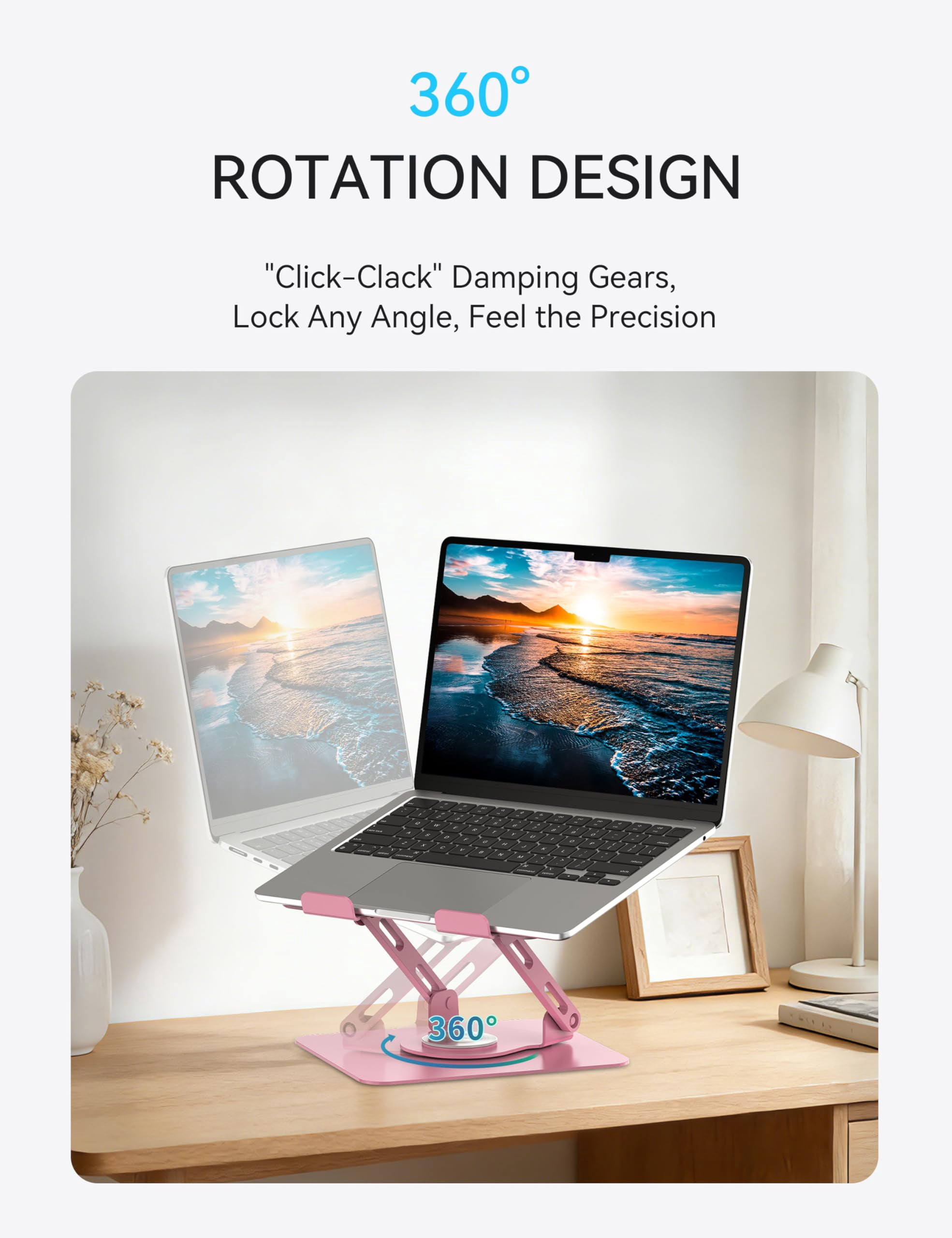 360 Rotating Laptop Stand  Computer Riser For Desk Adjustable Height Multi-angle Metal Holder Foldable Portable Notebook Elevating Base Office & Home Pink