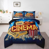 Manfei Vintage Film Full Size Comforter Sets for Kids, Cinema Tricket Bedding Comforter Set, Movie Theater Theme Reversible Bedding Sets, Super Cozy Room Decor, 3-Piece