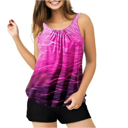 ZQGJB Tankini Swimsuits for Women Plus Size Tie Dye Gradient Color Printed Summer Swimwear Tummy Control Two Piece Bathing Suits with Boyshorts(Pink XXL)