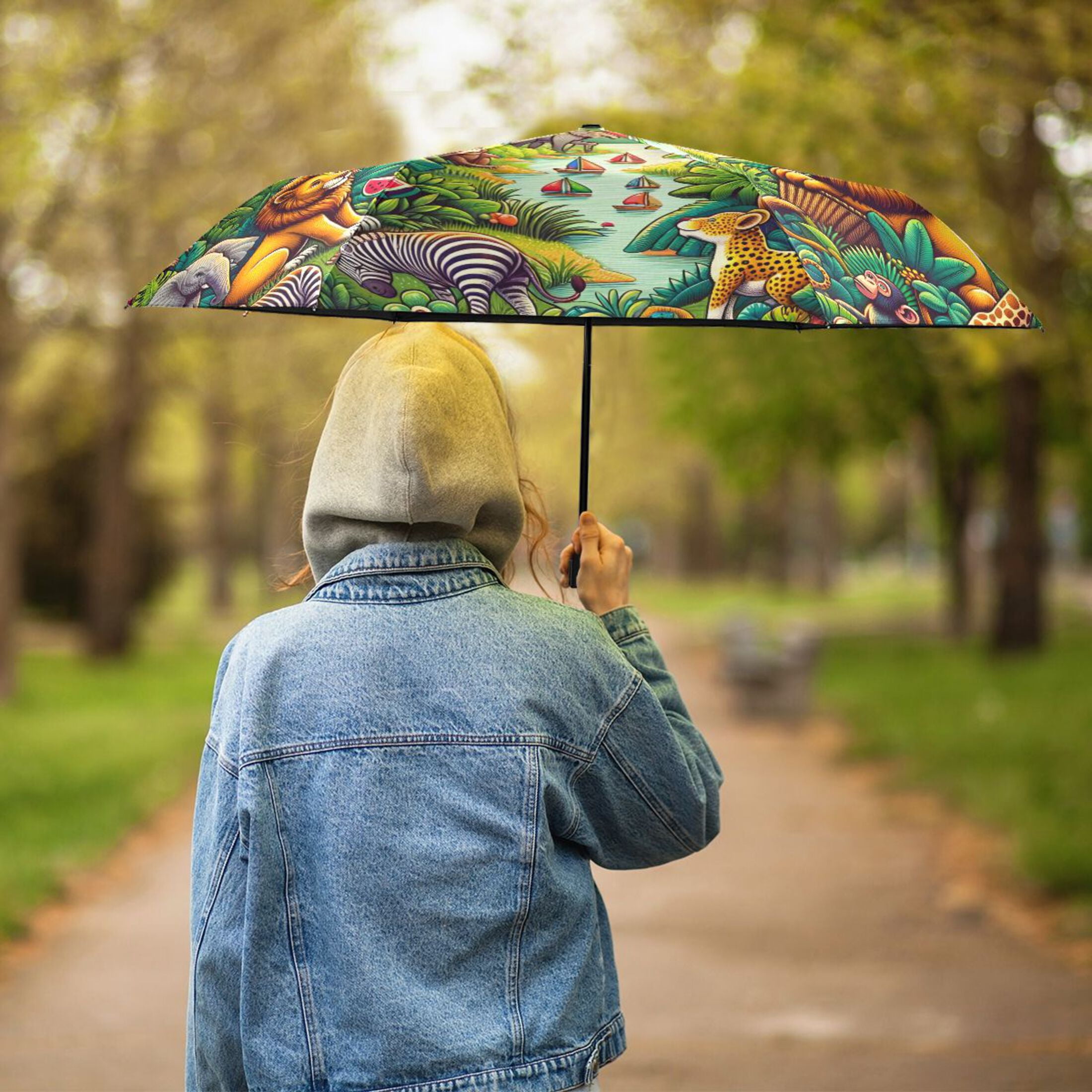 Jungle Animals and Hot Air Balloon Compact Sun Umbrella Windproof Travel Umbrellas for Rain Strong Portable UV Protection
