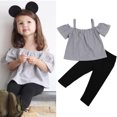 thumbnail image 2 of Douhoow 1-6 Years Girls Short Sleeve Off Shoulder Stripe Tops+Pants Kids 2Pcs Summer Clothes Set, 2 of 7