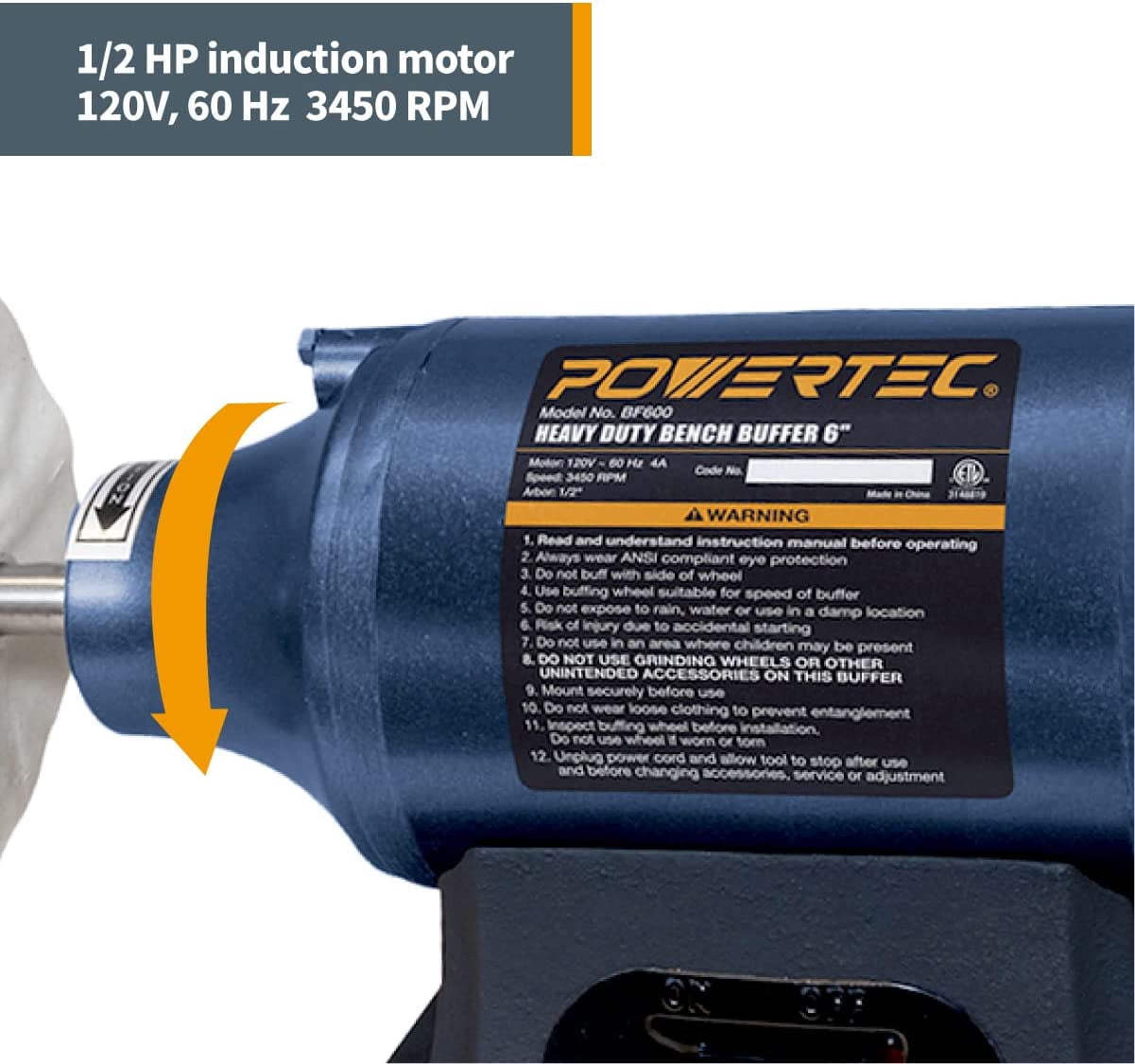 POWERTEC Jewelry Polisher/Bench Buffer Polisher with 2 Polishing Wheel, 6-Inch Buffing & Polishing Machine, Benchtop Buffer for Metal, Jewelry, Knives, Wood, Jade and Plastic  (BF601)