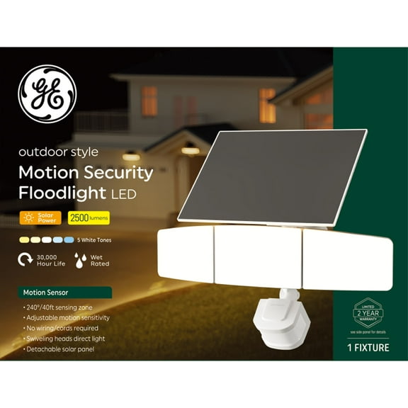 GE Outdoor Security Flood Lights, Adjustable 3-Head Light with Motion & Dusk to Dawn Sensor, Solar Light, 2500 Lumens