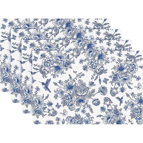 Table Runner Blue Monochrome Sketch Flower Birds Butterfly Table Cover Retro Floral Kitchen Dining Table Decoration for Indoor Outdoor Home Party Restaurant Supplies (12x18 Inch,Set of 4)