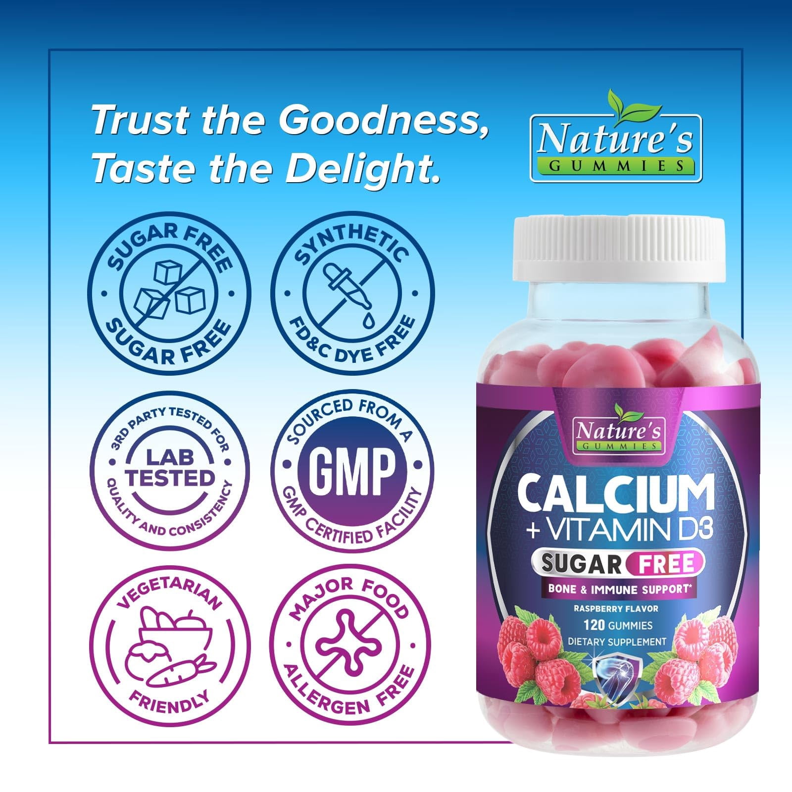 Calcium Supplement Gummies - Sugar Free Calcium Gummy with Vitamin D3 for Best Absorption - Supports Immune Health, Bones & Teeth - Nature's Calcium Chews for Women & Men - Berry Flavor - 120 Gummies