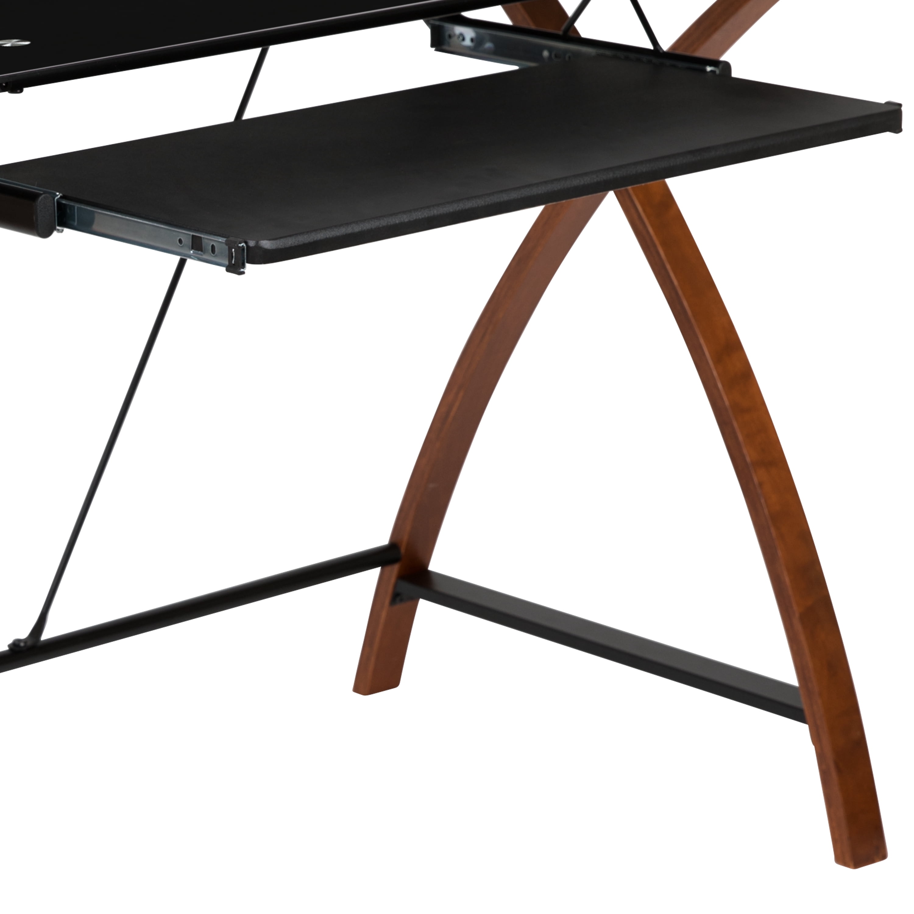 Emma + Oliver Black Glass Computer Desk with Pull-Out Keyboard Tray and Crisscross Frame