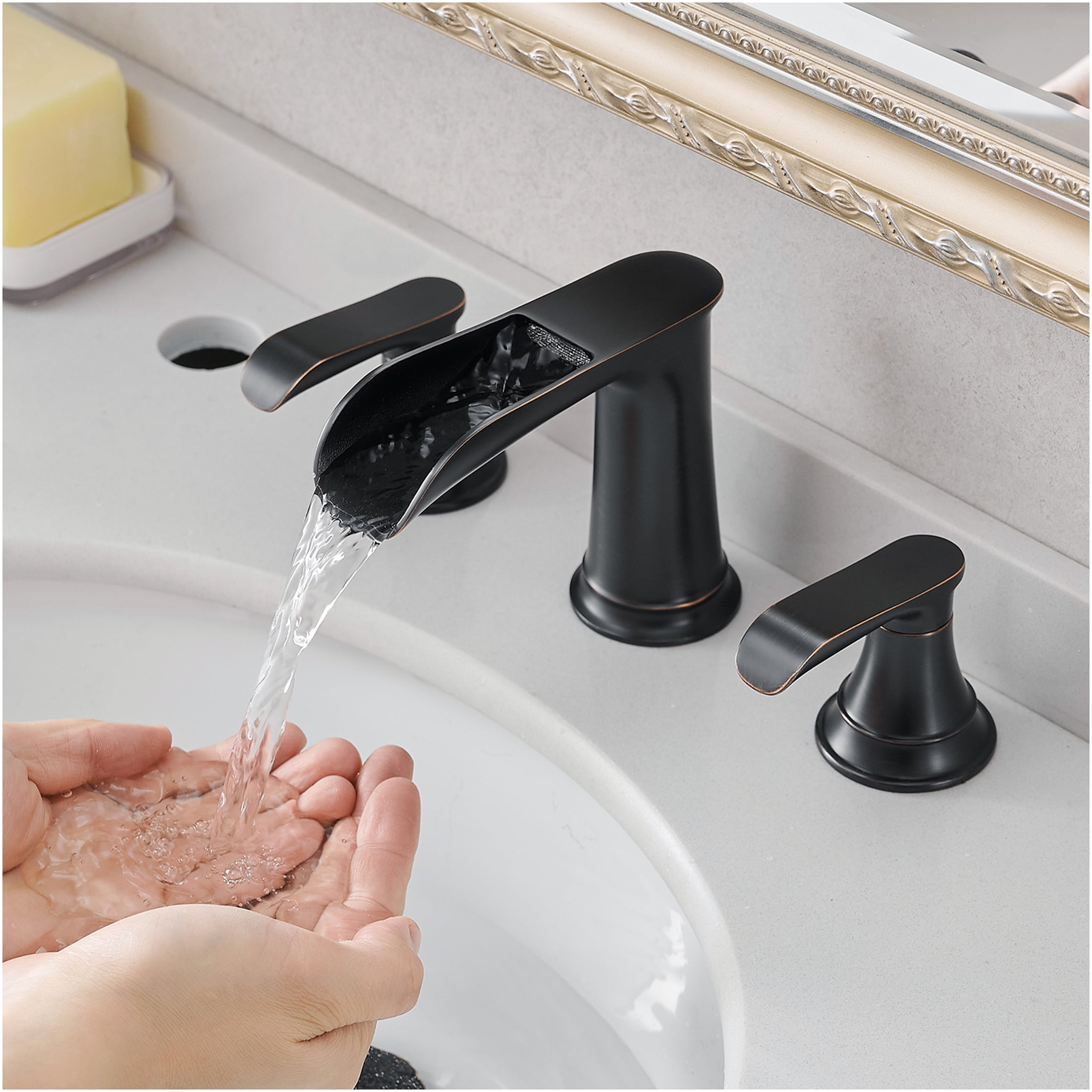 JERFIT 8 inch Widespread Bathroom Faucet, Oil Rubbed Bronze 3-Hole Vanity Sink Faucet with Pop-Up Drain, Lever Handles, Solid Brass Construction