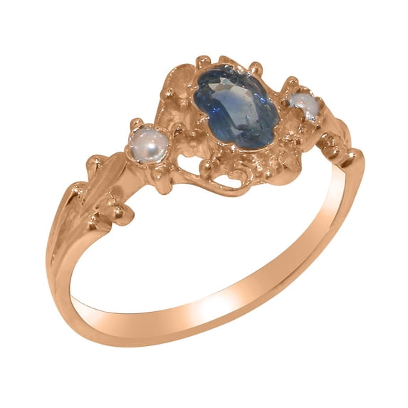 LBG British Made 18k Rose Gold Natural Sapphire & Cultured Pearl Womens Trilogy Ring - 33 size options - Size 11.75