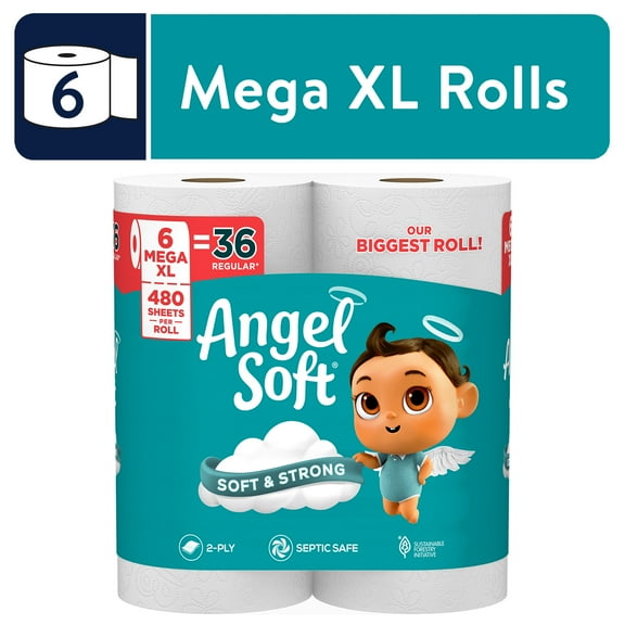 Angel Soft 2-Ply Toilet Paper, 6 Mega XL Rolls, 480 Sheets Per Roll