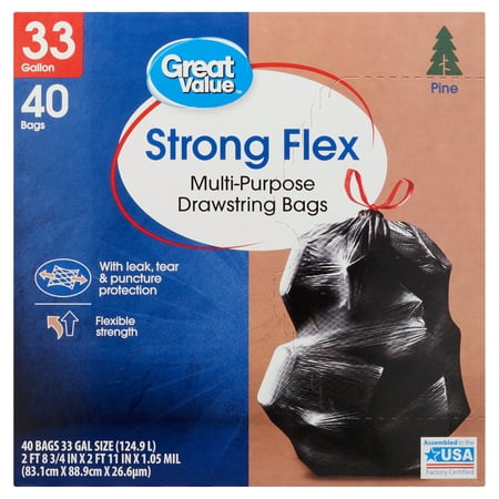 Great Value Strong Flex Multi-Purpose Trash Bags, 33 Gallon, 40 Bags (Pine Scent, Drawstring)