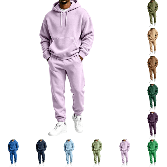 Men 2-Piece Fleece Hoodie Jogger Pants Set Winter Casual Pullover Hooded Sweatshirt Jogging Outfit Tracksuit for Daily Wear Light Purple 2XL
