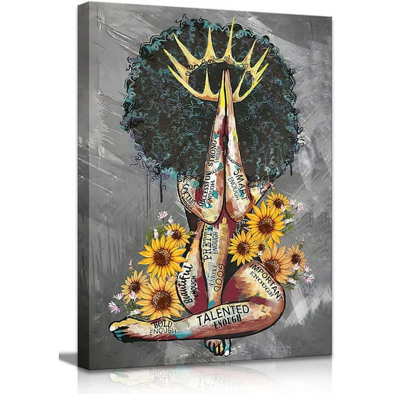 Framed African American Wall Art Black Queen Girl Praying Sunflower Portrait Gray Art Modern Abstract Canvas Prints Painting Artwork Wall Decor Home Decoration for Bedroom Living Room Ready to Hang