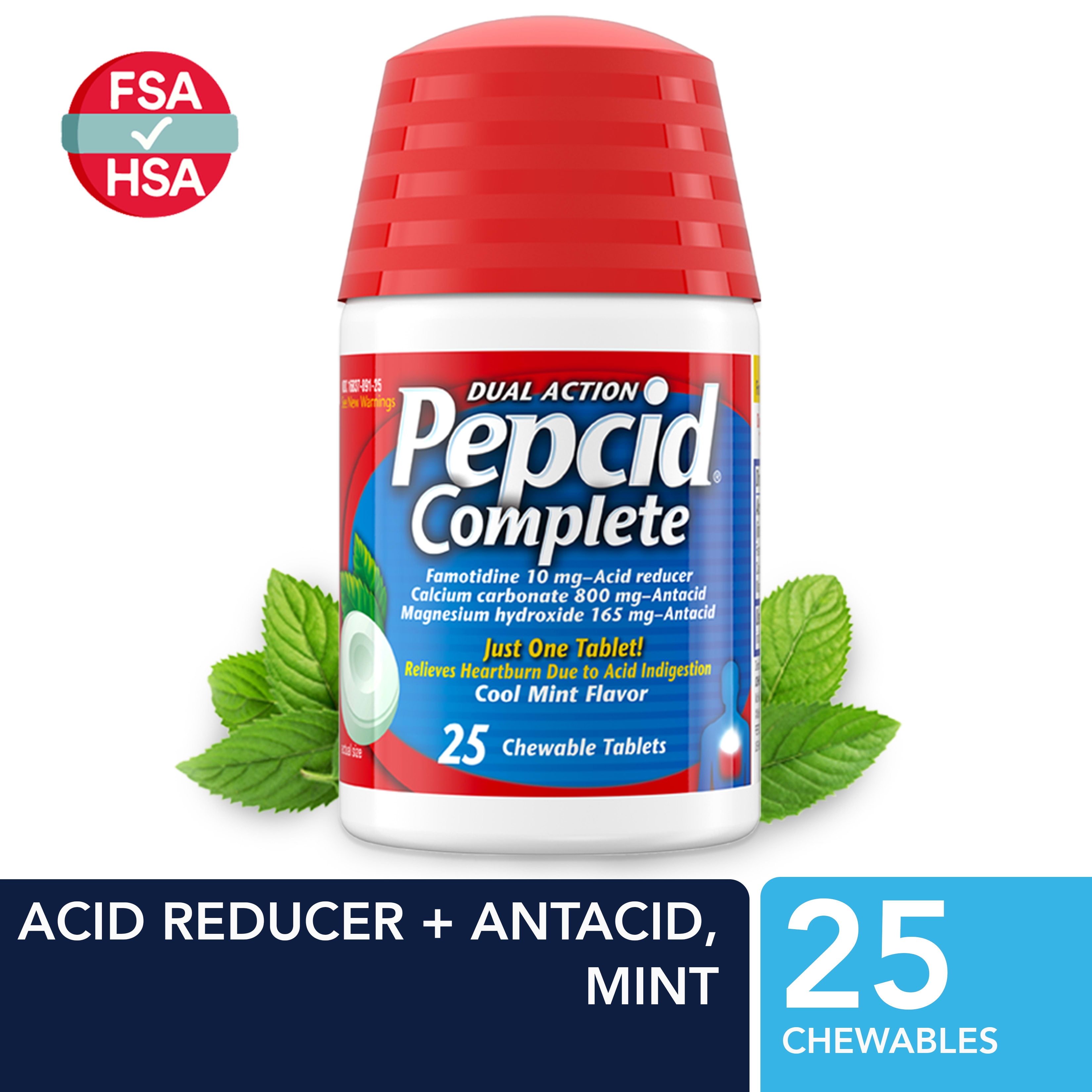 Pepcid Complete Acid Reducer + Antacid Chewable Tablets, Mint, 25 ct
