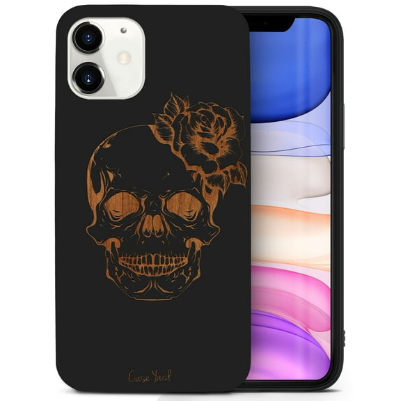 Case Yard Wooden Case for iPhone-11 Soft TPU Silicone cover Slim Fit Shockproof Wood Protective Phone Cover for Girls Boys Men and Women Supports Wireless Charging Skull Flower Design