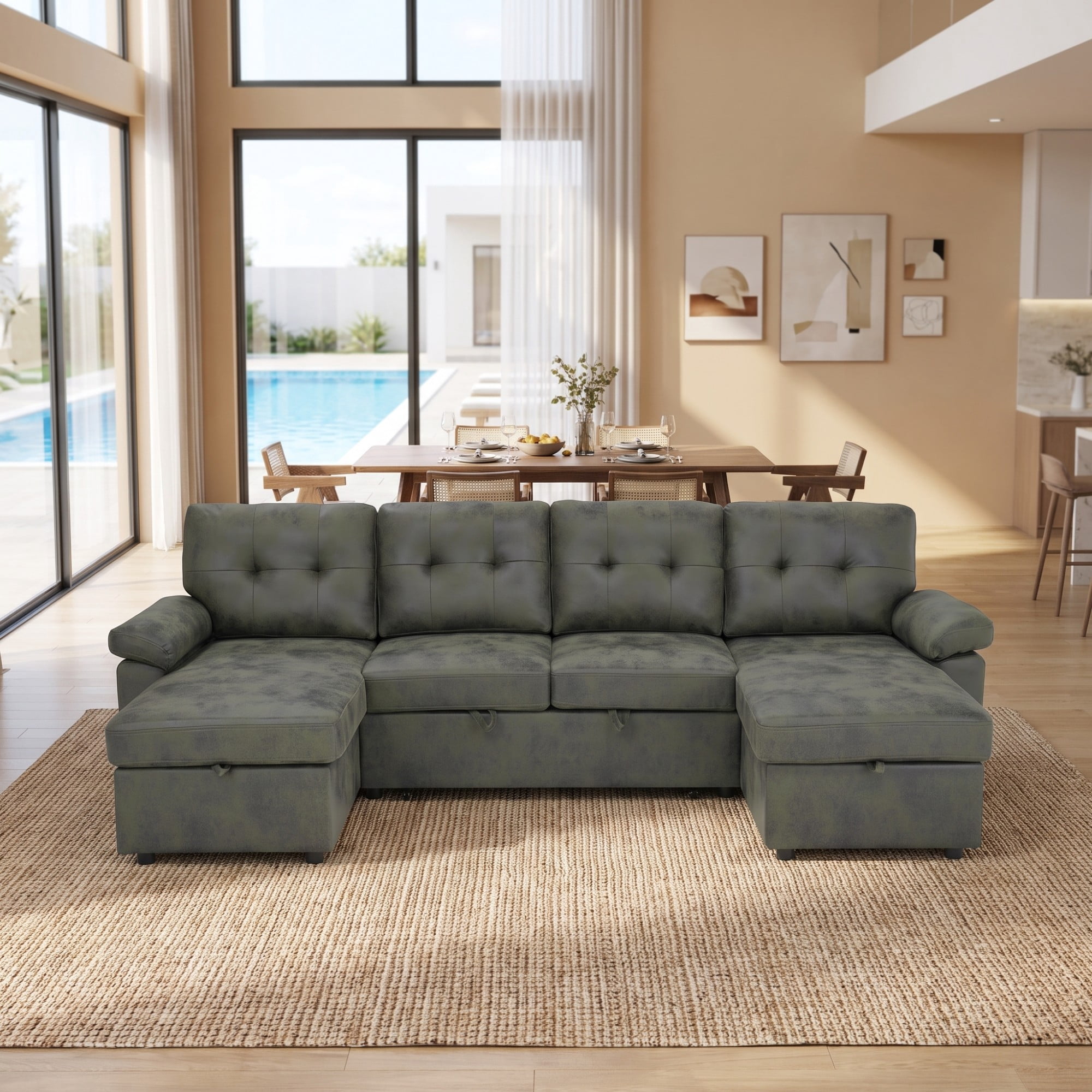 BSHTI 112" Polyester Fabric U-Shaped Sectional Sleeper Sofa Bed with Pull-Out Bed,Tufted Back Cushions and Storage Chaise for Living Room(Olive Green)