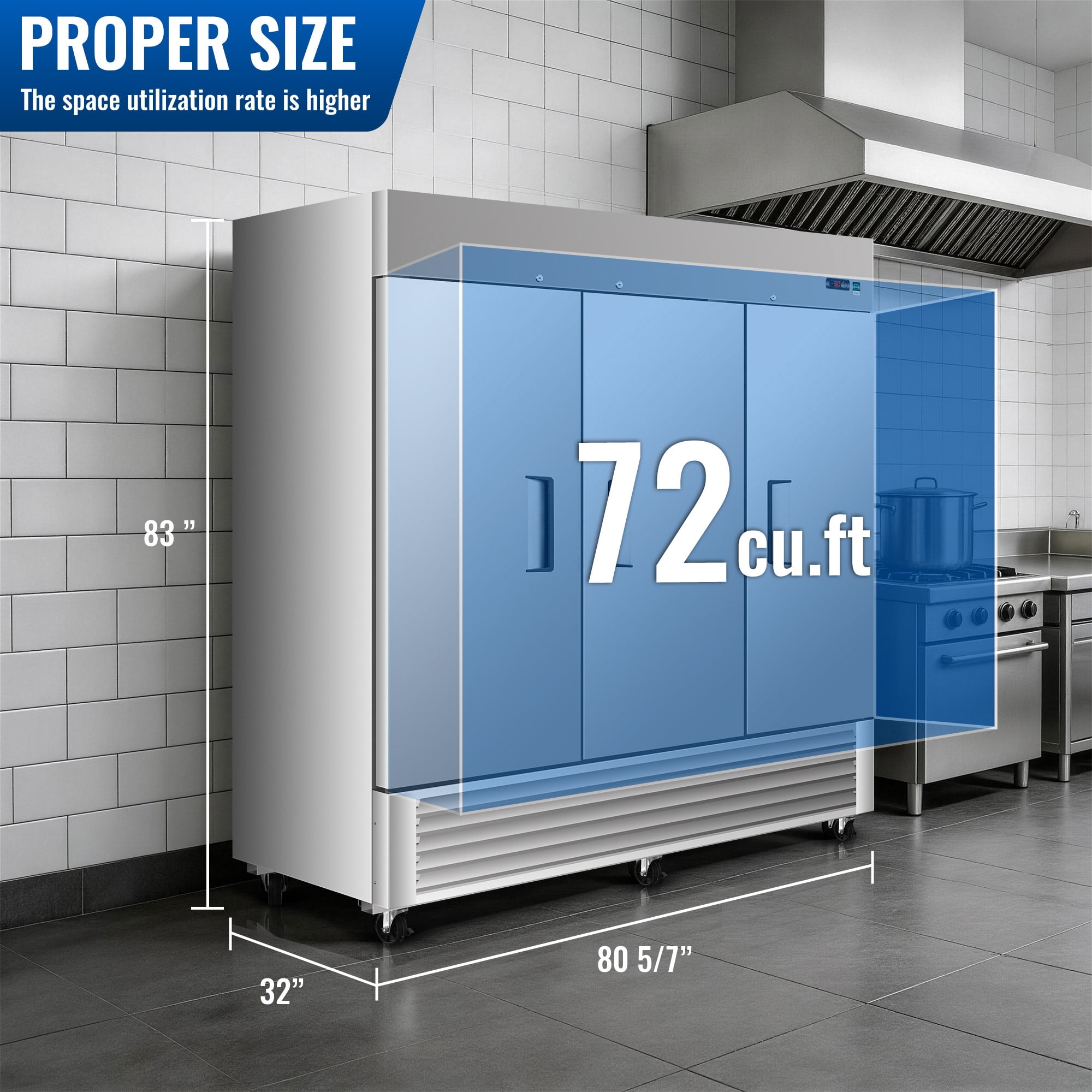 81" Commercial Expandable Upright Freezer, 3-Door Stainless Steel, 72 Cu.Ft., Adjustable Shelves, Auto Defrost, Digital Thermostat, LED Lighting