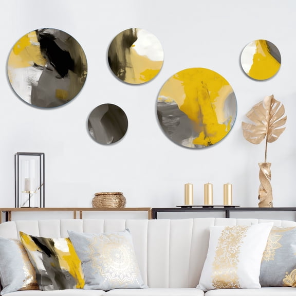 Designart "Mustard Yellow And Vivid Gray II" Abstract Painting Metal Wall Art Set of 5 Piece