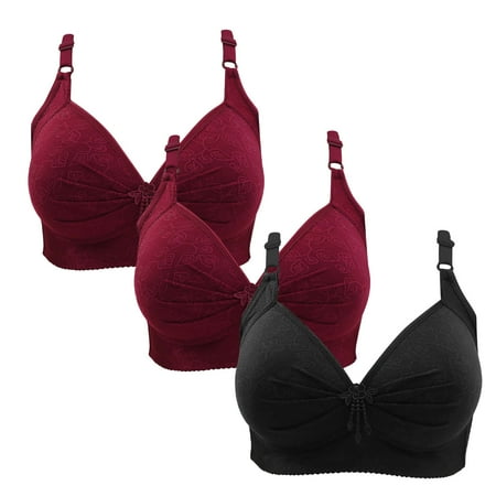 Gnurob Wireless Bralette for Women Push Up Bra Plus Size Floral Lace Bralettes No Underwire Brassiere 3 PC Soft Everyday Bras Adjustable Widen Band Underwear Clearance Saving A05-Wine Large