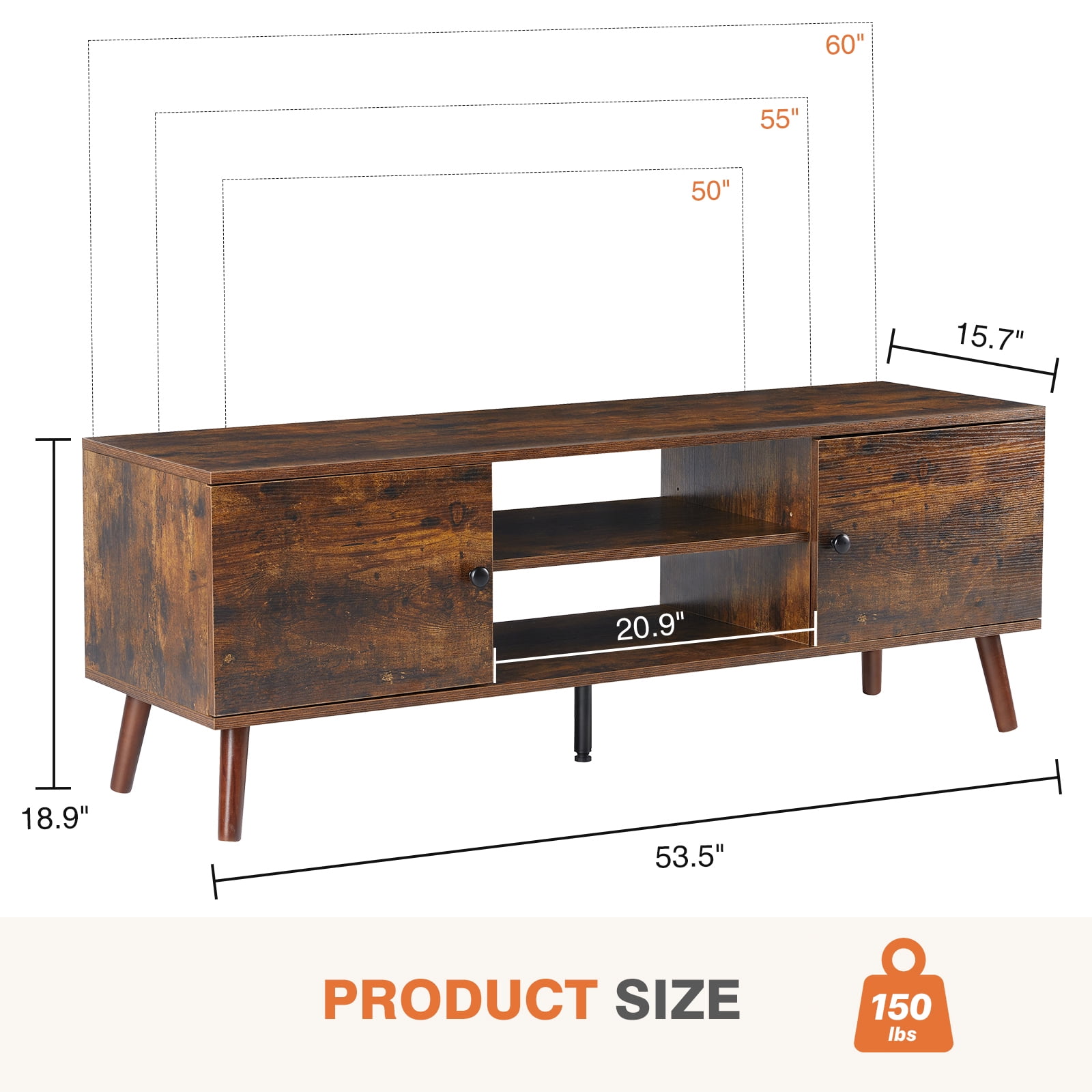 GIANNA TV Stand for TVs up to 60", Modern Mid Century Entertainment Center with Storage, 2 Cabinet Media Console Table, Vintage Brown
