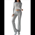 thumbnail image 3 of Conjuntos de 2 Piezas para Mujer, Larga, Cuello Redondo, Pantalones Acampanados de Cintura Alta, Conjuntos de Chándal, Ropa de Calle. Gris M, 3 of 10