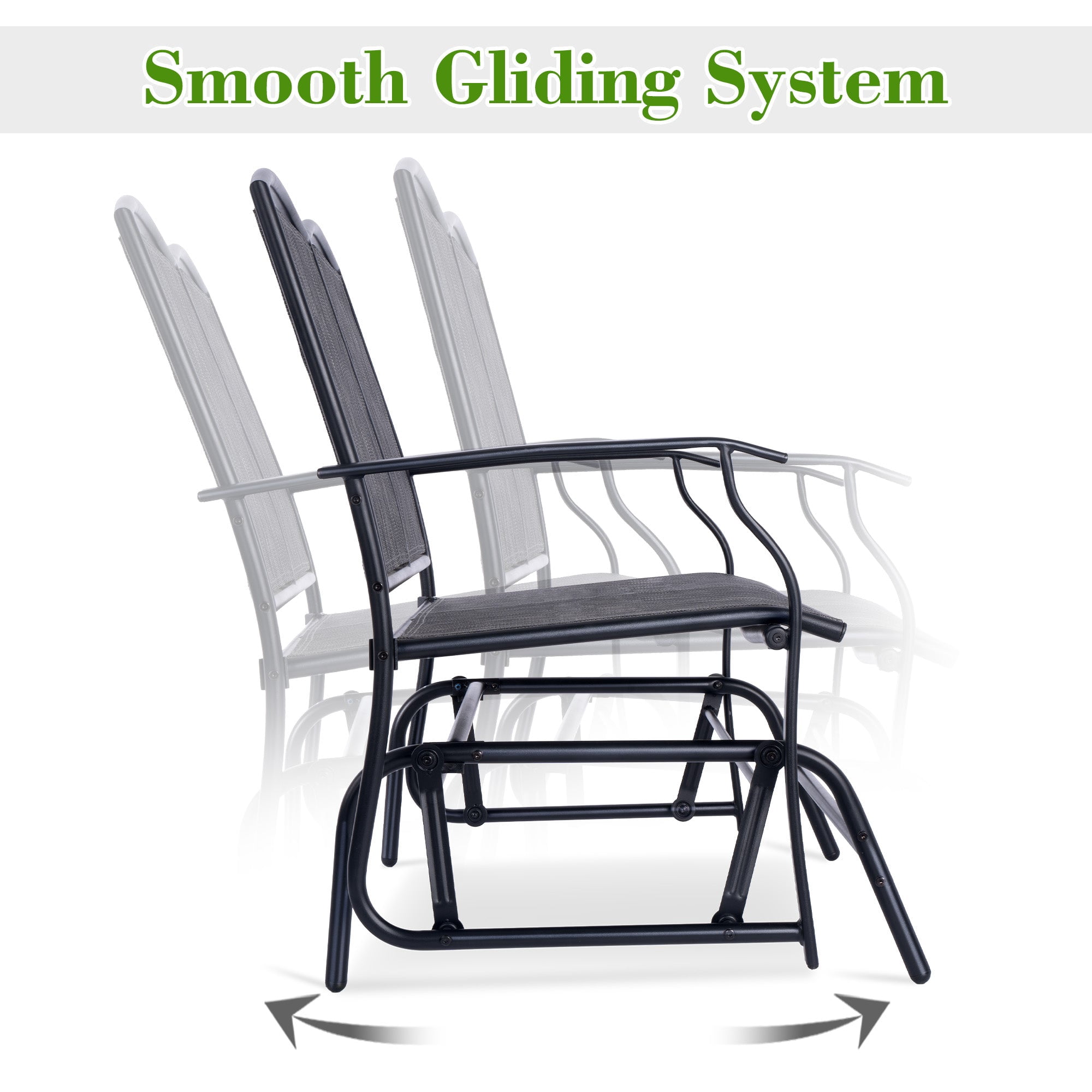 Backyard Expressions 2-Person Outdoor Glider Bench, Patio Double Swing Rocking Chair Loveseat w/Powder Coated Steel Frame for Backyard Garden Porch, Black Frame - Heathered Grey Sling Fabric