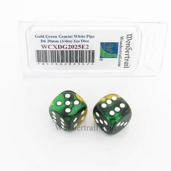 Gold and Green Gemini Dice with White Pips 20mm (3/4in) D6 Pack of 2 Wondertrail