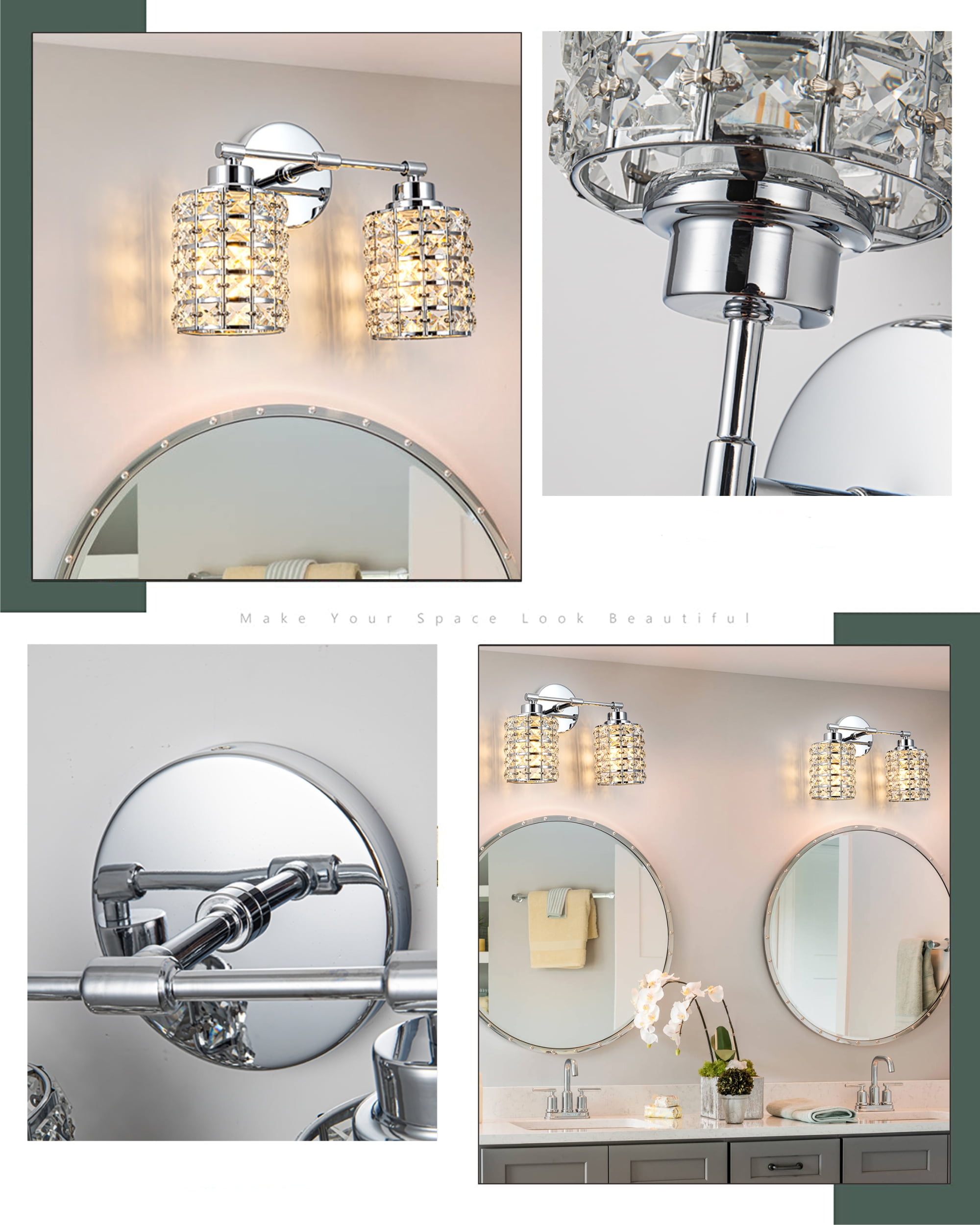 2-Lights Vanity Lights, Crystal Bathroom Light Fixtures Over Mirror Indoor Lighting Matte Black with Crystal Shades for Makeup & Dressing Table Foyer