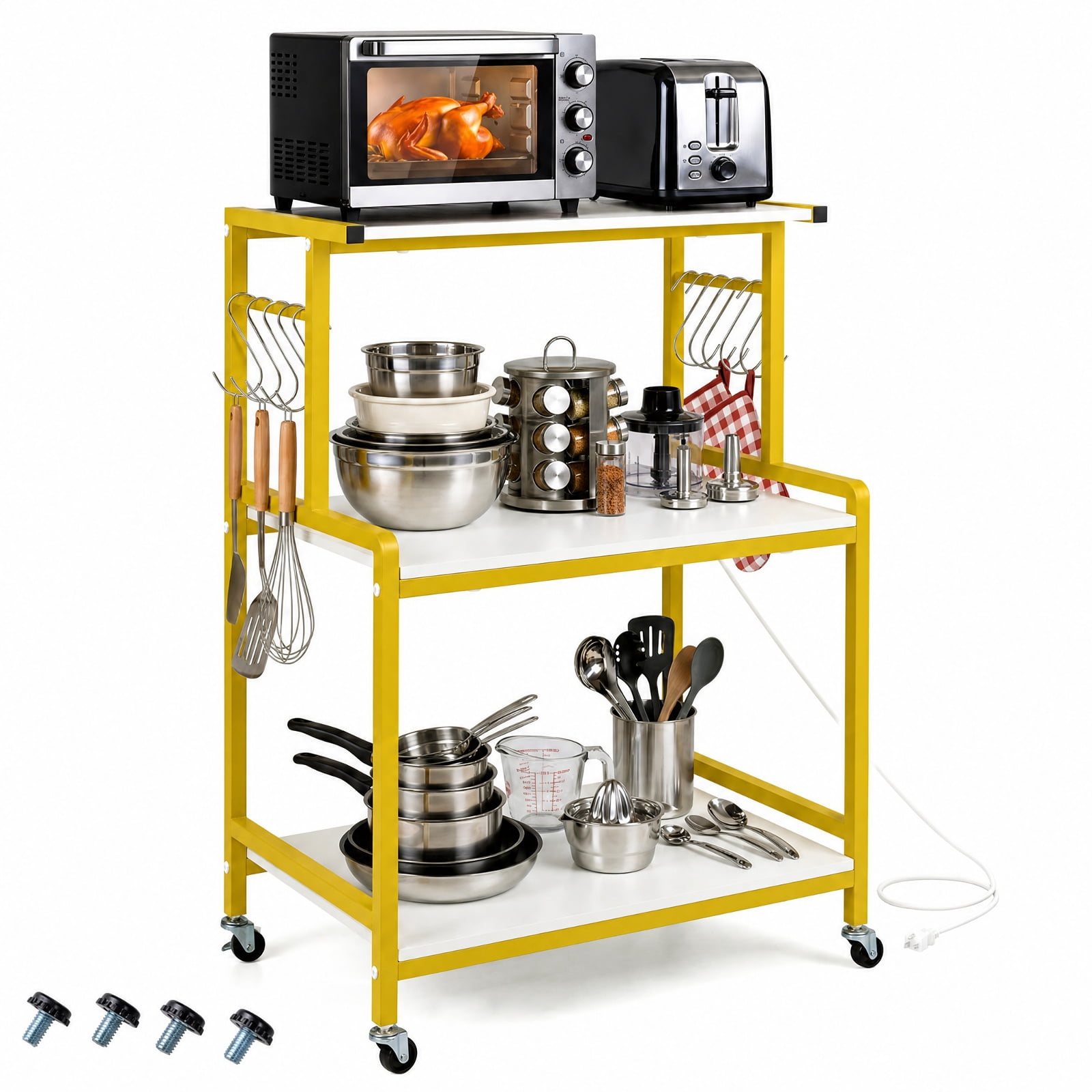 Furnibear 3-Tier Rolling Microwave Cart with Power Outlet and 10 Hooks and Lockable Wheels