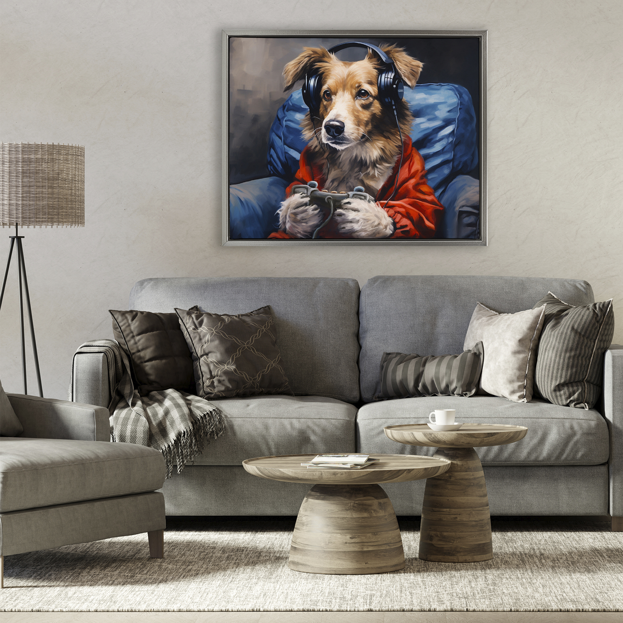 Game Master Dog Gray Framed Floater Canvas Wall Art, design by Shawna Stewart