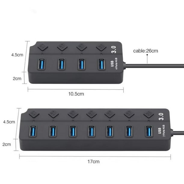 Hub USB Alimenté， Aluminium USB Hub 3.0 à 7 Ports Multiprise USB 3.0 avec  5V/2A Alimentation Externe Multi Port USB Hub, 5 Gbit/s,Commutateurs  Individuels et Indicateur LED-Noir 