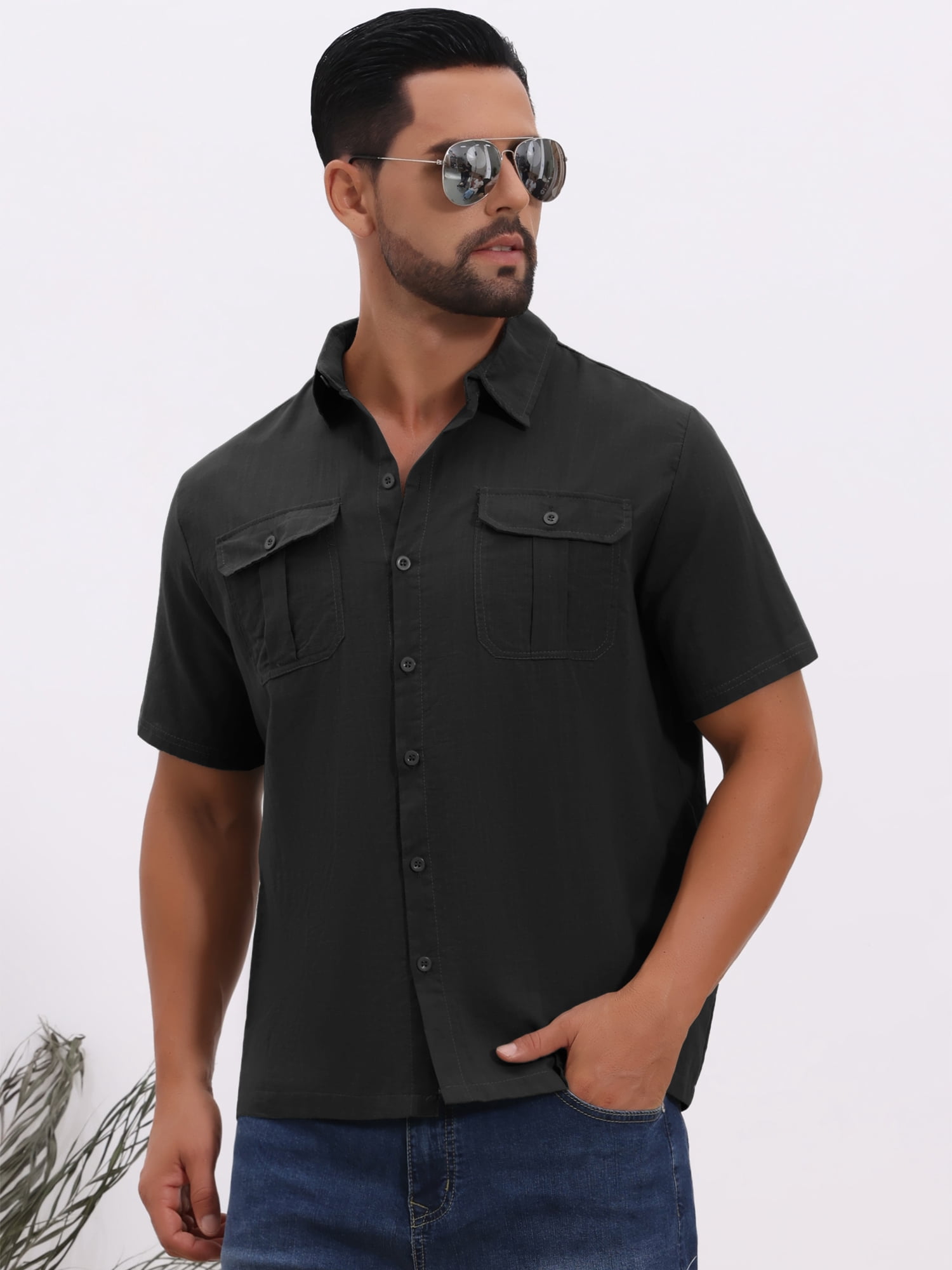 DARING DIVA Men's Solid Color Short Sleeve Button Down Linen Shirt 3XL Black