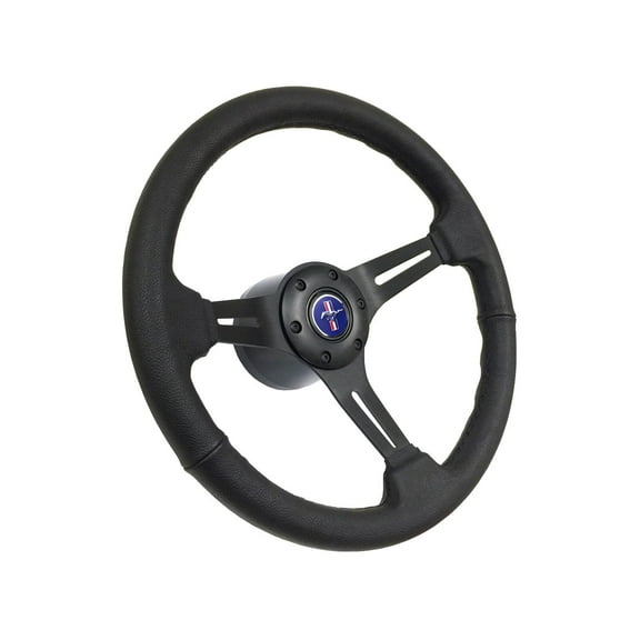 1965-1967 Mustang; VSW 6 Bolt Genuine Leather Steering Wheel Black Kit, Blue Pony Emblem
