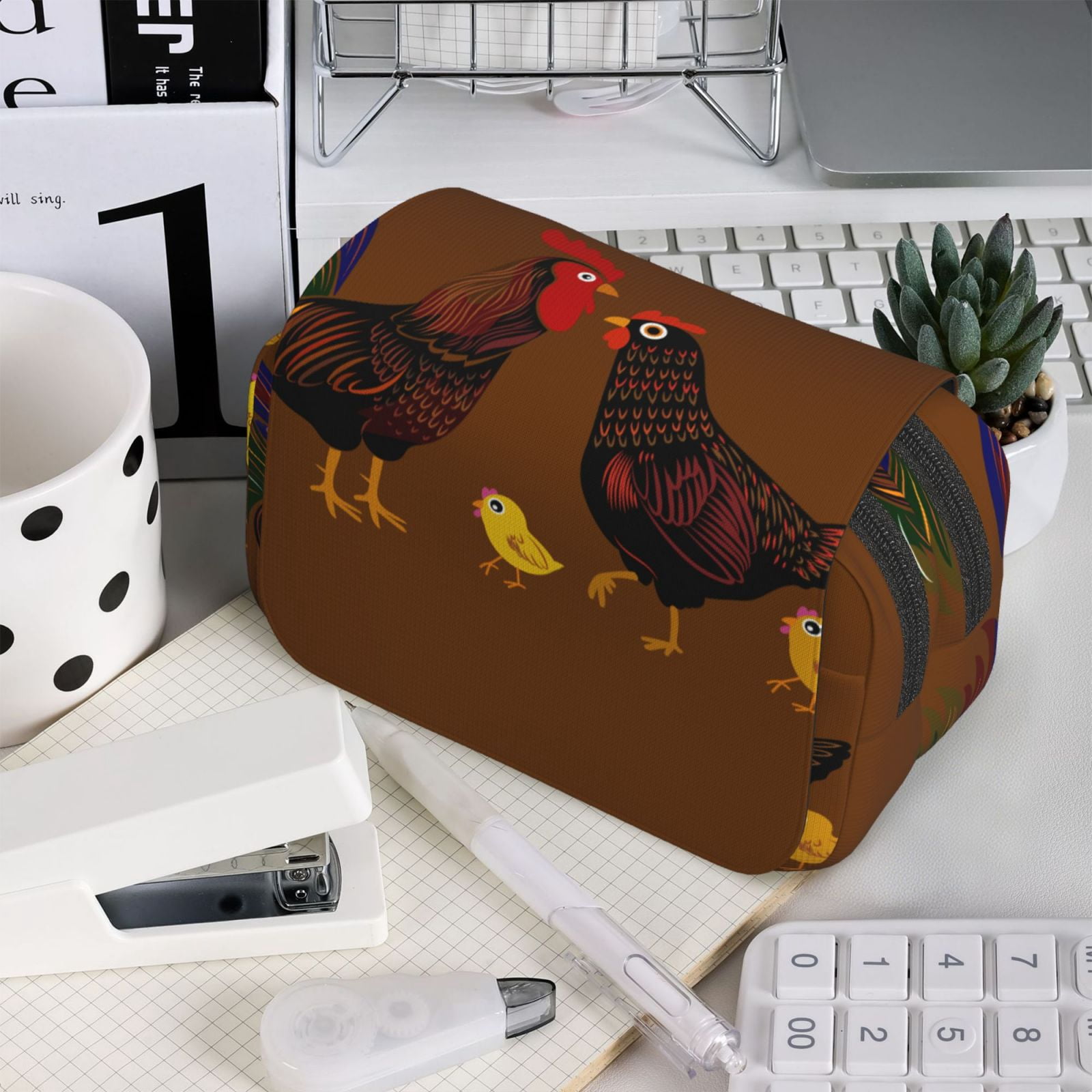 Rateoe Chicken Farm Animal Pattern Double Clamshell Pen Case, Storage Organizer with Two Zipper Compartments– Holds Up to 50 Pencils & Pens