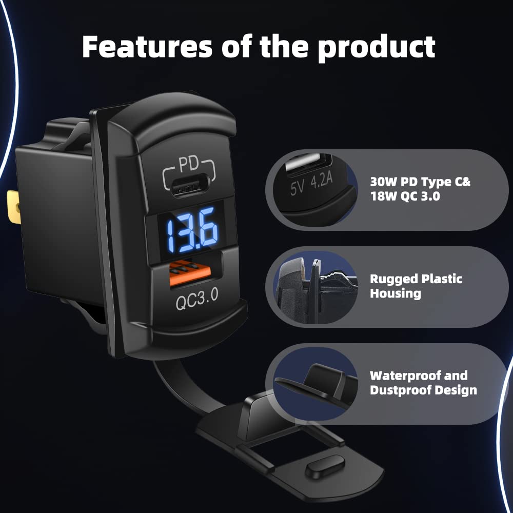 USB Rocker Switch USB C Charger Socket with Waterproof Cover Dual PD and QC3.0 12V/24V Blue Led Voltmeter for Rocker Type Marine Switch Panel On Marine Rv Vehicles…